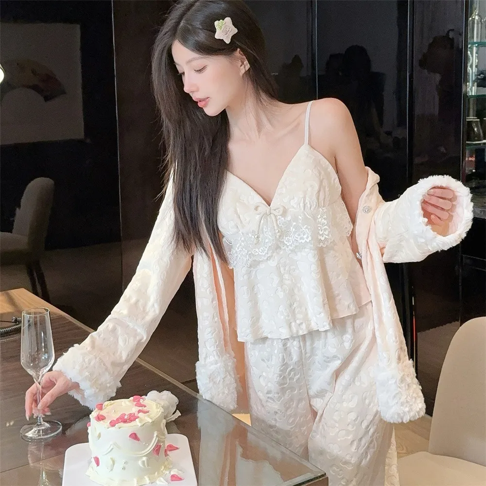 

Autumn Winter Velvet 3PCS Pajamas Set Sleepwear Sexy Lapel Shirt Sling Trouser Suits Casual Velour Home Clothing Loungewear