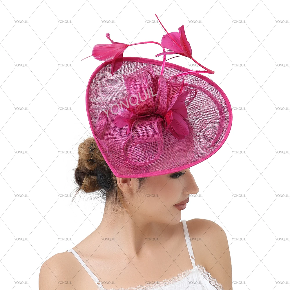 

magenta Fascinator Hats Summer Wedding Big Millinery Headwear Vintage Elegant Ladies Fedora Church Bridal Headband With Feather