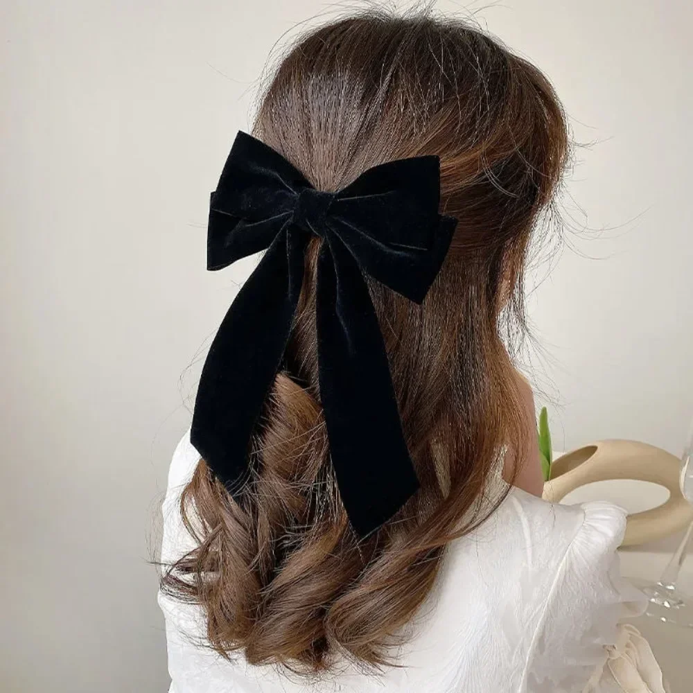 Girls Black Red Big Velvet Bow Hair Clip for Women Vintage Wedding Long Ribbon Korean Hair Pin Barrette Fashion Hair Accessories