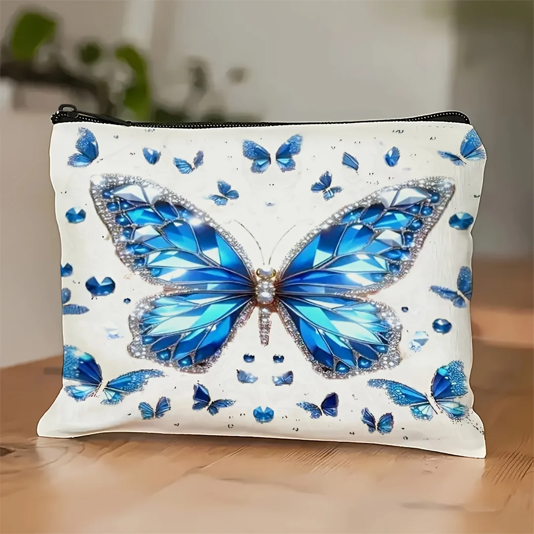 Un sac de maquillage papillon bleu – Sac à fermeture éclair multifonctionnel mignon pour femmes, sac de rangement de bijoux