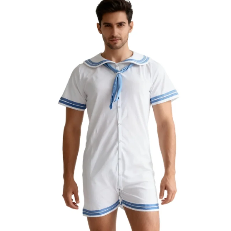 White Blue Sailor Romper With Snaps Soft Comfortable Onesie ABDL Adult Bodysuit Unisex Pajamas Couple Jumpsuit Home Playsuits