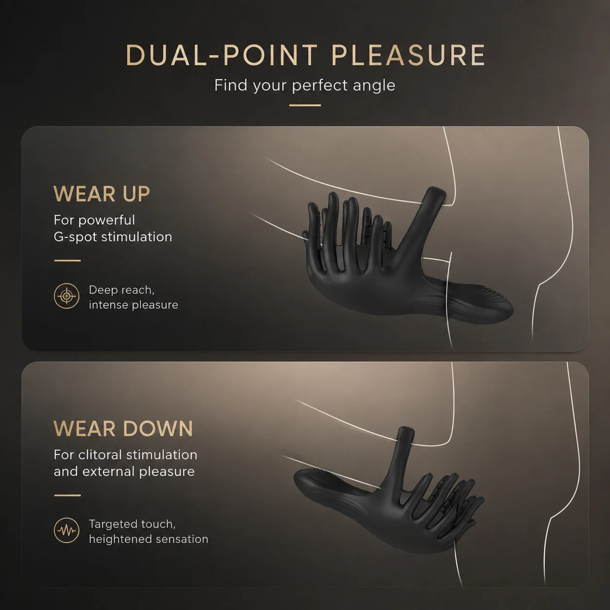 Close-up of 10 vibration modes with strong frequency display and discreet self-care presentation