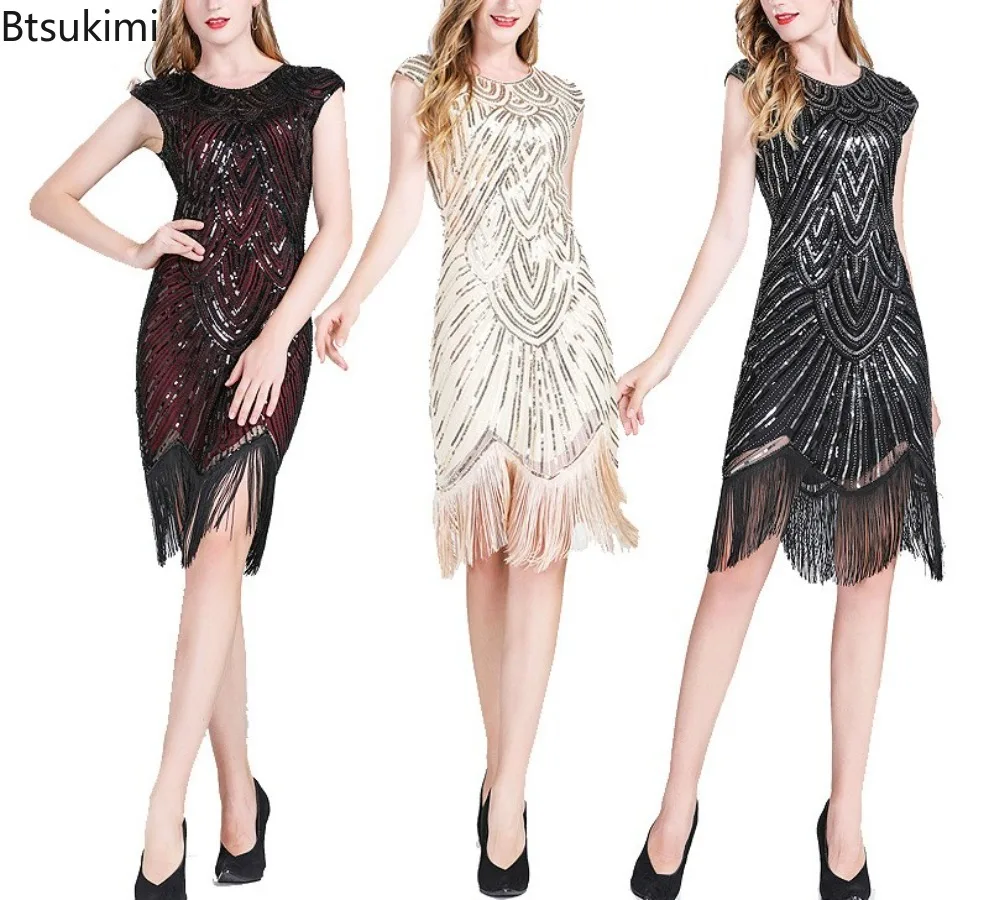 Women 1920s Vintage Flapper Party Dress Art Deco Great Gatsby Dress Shiny O-Neck Cap Sleeve Sequin Bead Fringe Embellished Dress