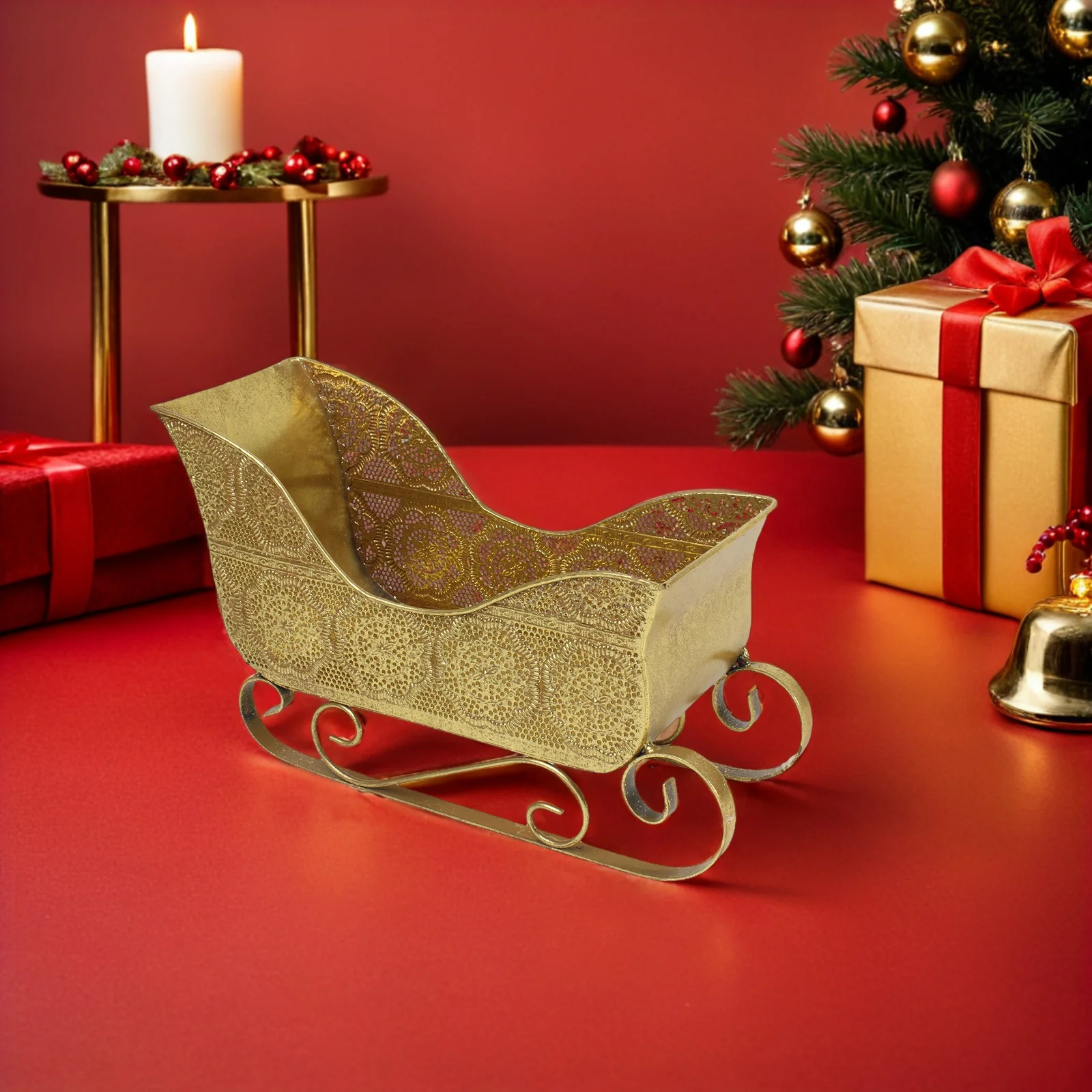 

Small Christmas Sleigh Decor - Metal Desktop Sleigh for Xmas Centerpiece Ideal for Snacks and Treats Vintage Fireplace