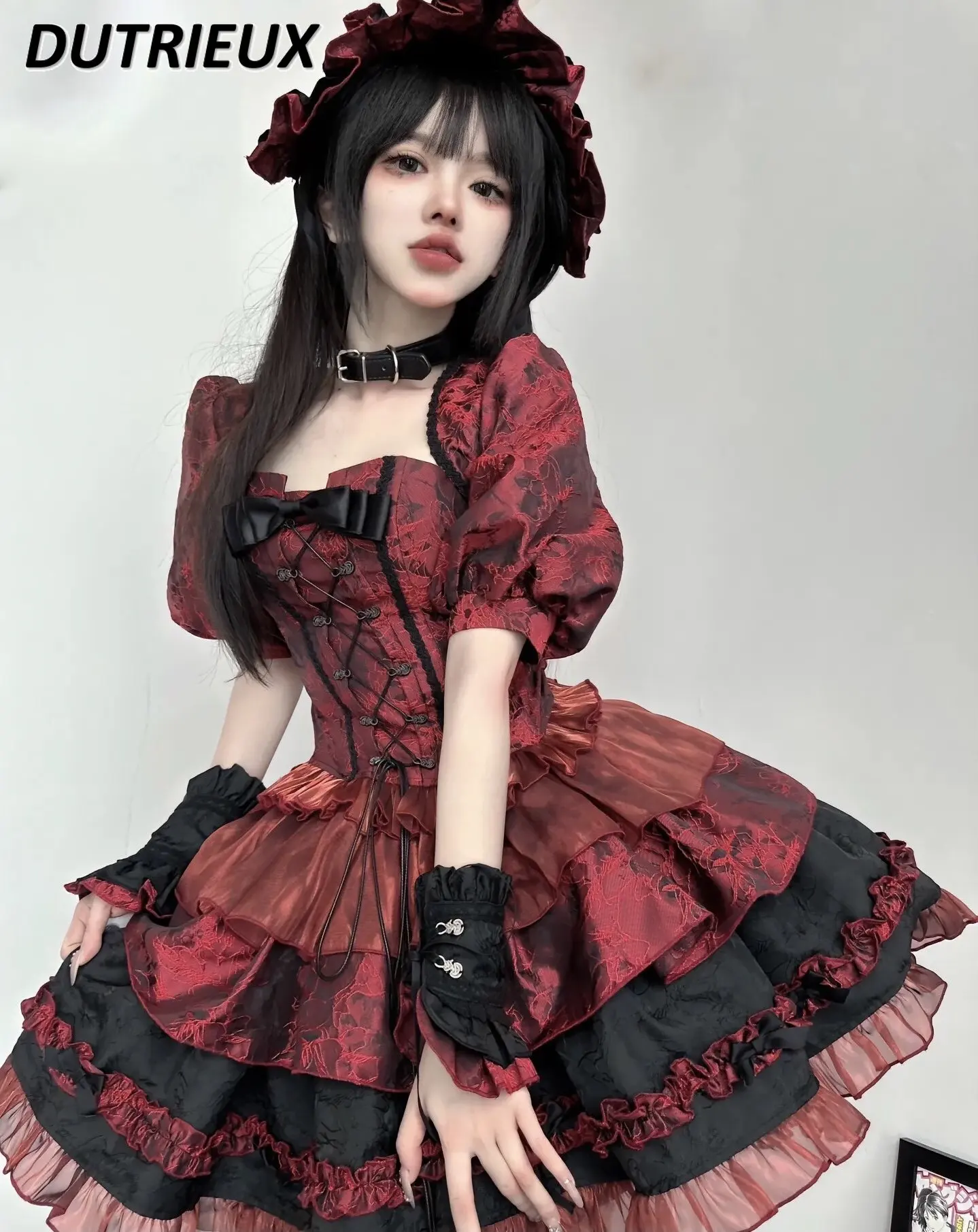 

Summer 2023 New Jacquard Bow Lolita Style Dress Dor Women Fishbone Corset Waist Slimming Slim Puff Sleeve Dress Two Piece Set