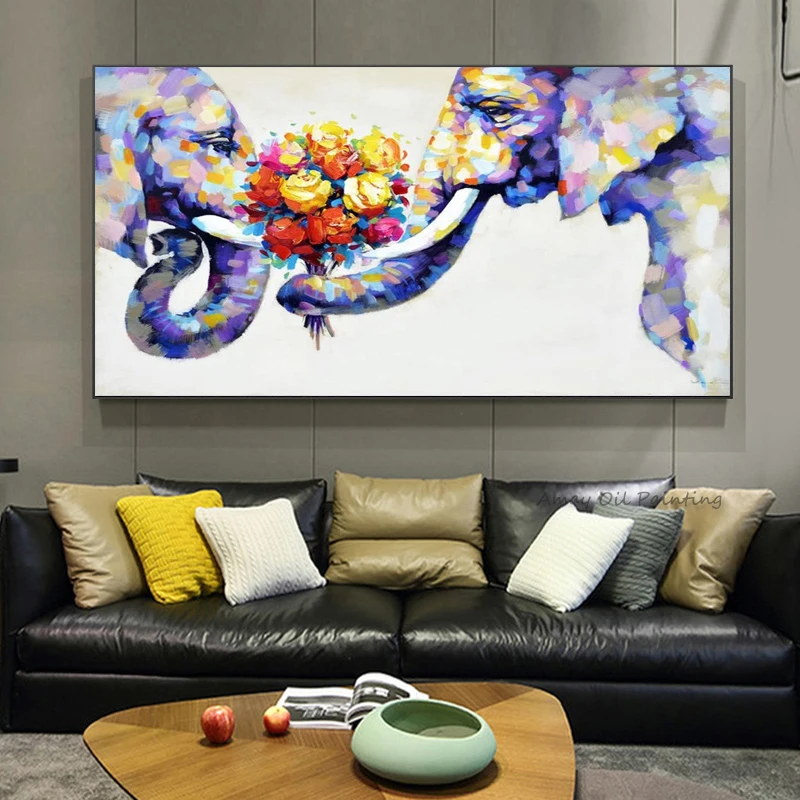 Handpainted Wall Oil Painting On Canvas Palette Knife Colorful Elephant Floral Abstract Oil Painting for Sofa Wall Decor