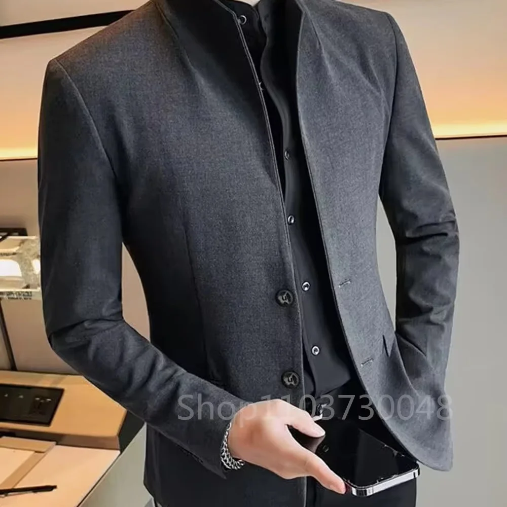 

Fashion Men Suit Jackets Business Uniform Work Blazer No CollarS Tops Slim Fit Wedding Business Suit For Men Only Jacket