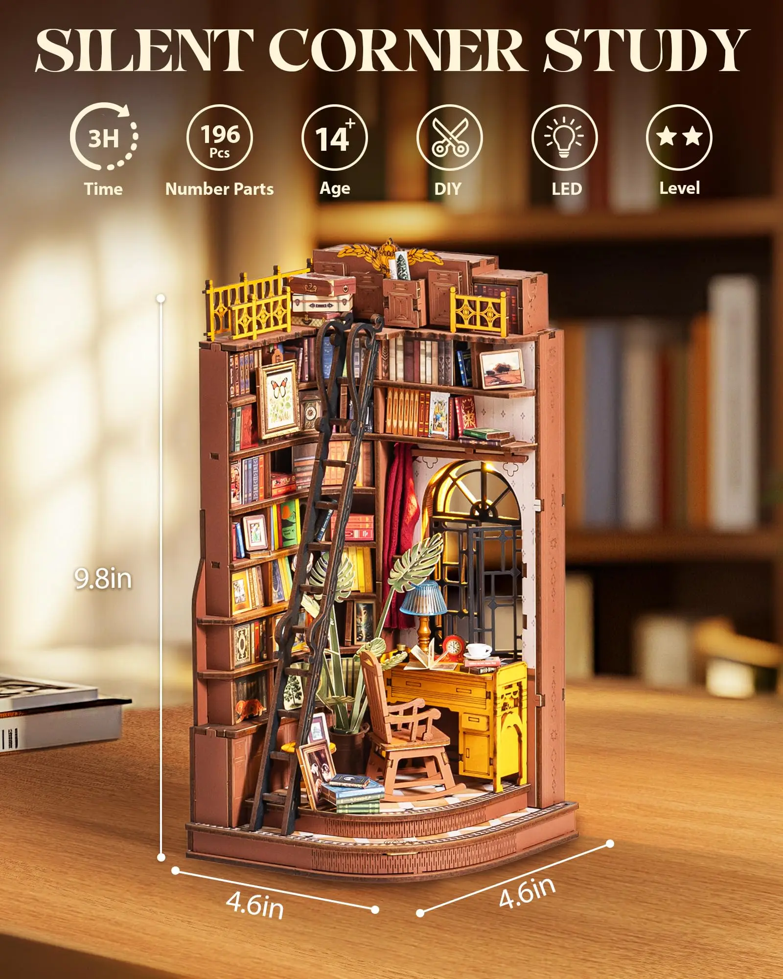 Robotime Rolife Silent Corner Study DIY Book Nook Shelf Insert Wooden Miniature Doll House for Bookshelf Insert Furniture TGE02