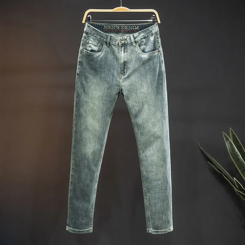 

2024 Retro Blue Simple All-Matching Jeans Men's Fashion Trend Nostalgic High Street Washed Slim Fit Ankle Tight Trousers