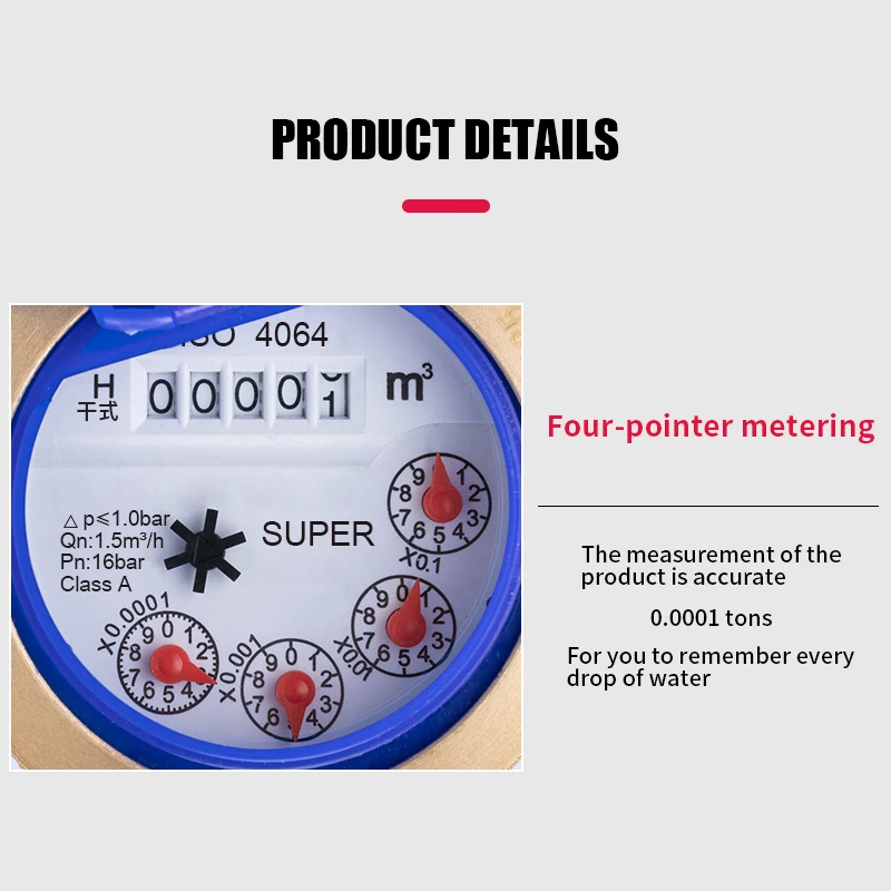 Compteur d'eau mécanique domestique à rotor humide et boîtier métallique, adapté à l'eau froide. Idéal pour les jardins, les maisons, etc. 2