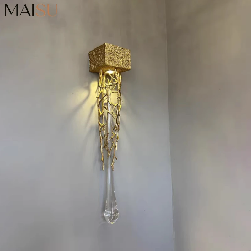 MAISU Crystal Wall Scone Lamp for Bedroom Stairs Living Room Luxury Gold Water Drop Glass Bedside Interior Crystal Wall Lights