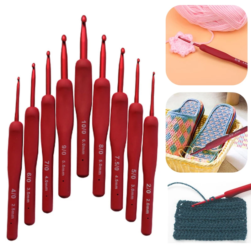 2-6mm Crochet Hooks Aluminum Knitting Needles with Red Silicone Grip Cushioned Handles DIY Sweater Scarf Weave Sewing Needles