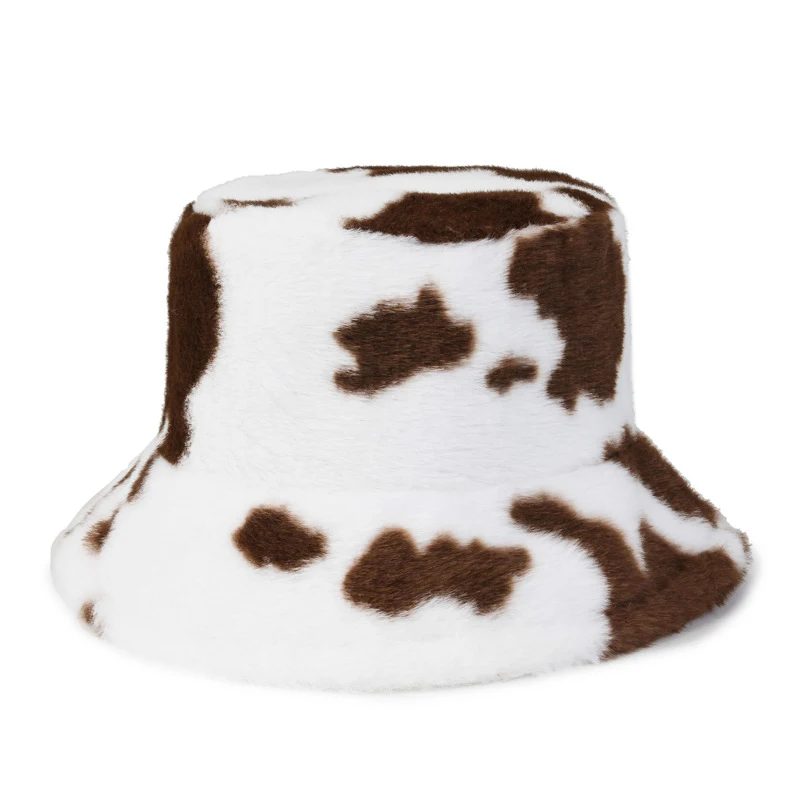 2022 Winter Warm Faux Fur Fluffy Cow Print Bucket Hats Women Outdoor Ski Hat Soft Velvet Furry Fisherman Cap Girl Fashion Panama