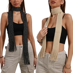 Y2K Harajuku Style Choker Scarf with Tassels Women Autumn Winter Solid Color Long Skinny Neckerchief Lady Thin Blingbling Scarf