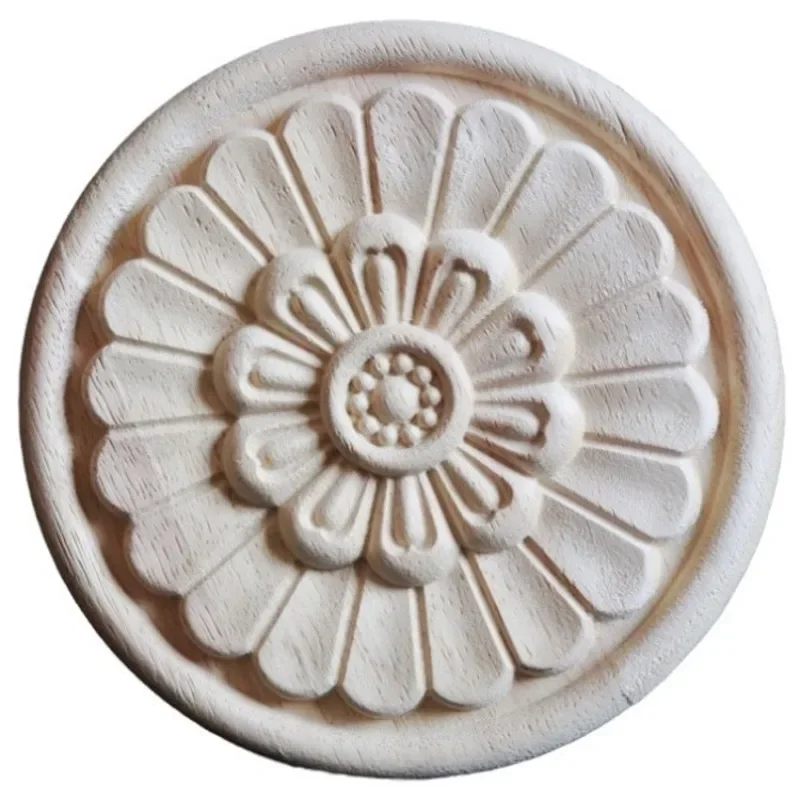 Carved Flower Carving Round Wood Appliques for Furniture Cabinet, Unpainted Wooden Mouldings, Decal Decorative Figurine