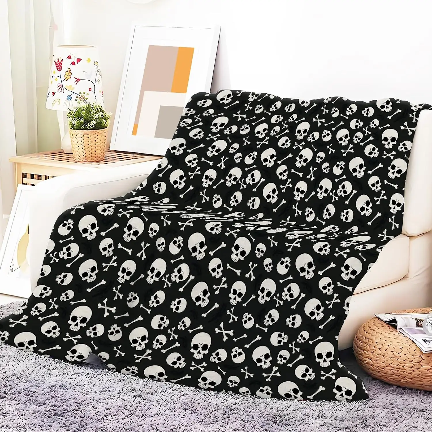 Classic White Skull Bone Repeat Pattern Comfortable Fleece Blanket Fit Living Room Couch Bed Trend Dark Style Household Decor