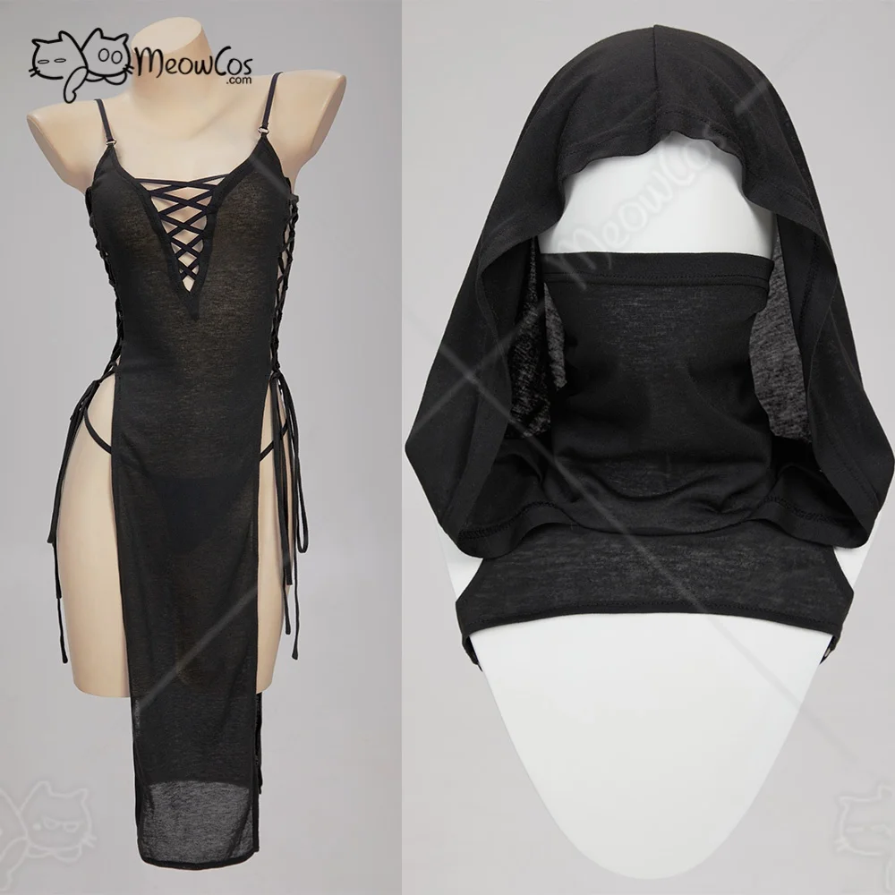 Meowcos Women Sexy Sleepwear Ninja Style Lingerie Cosplay Costume Sling Night Dress Black Lace Up Slit Dress and Hooded Top view 3