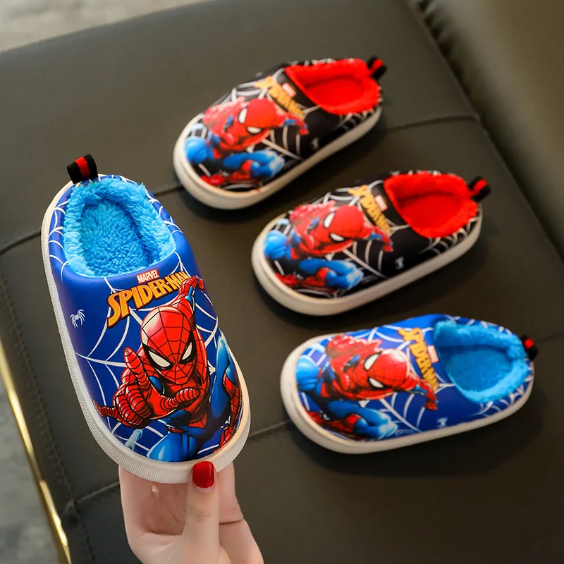 Disney Spider Man Cotton Slippers For Boys Soft Winter Indoor Warmth Preservation Non Slip Home Bedroom Children's Plush Shoes