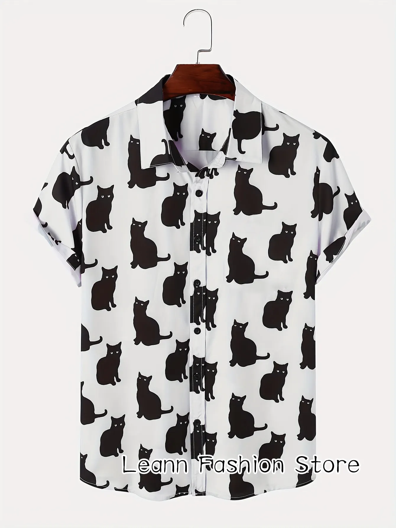 

Men Summer Cute Black Cats Print Shirt Hawaiian Vacation Clothing Male Button Lapel Collar Daily Shirt Fashion Beach Shirt