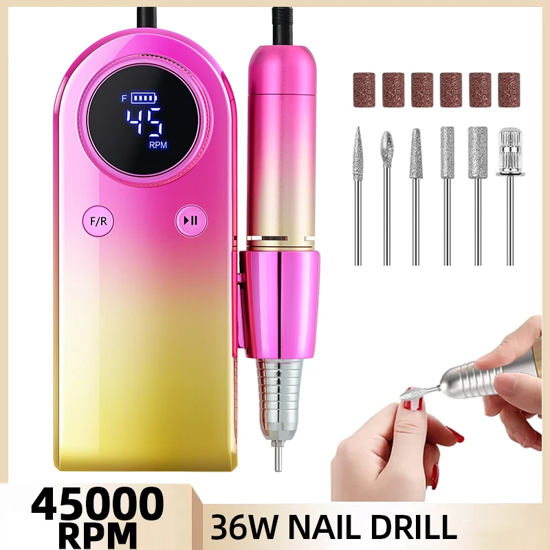 Brocas de unhas elétricas com display LCD, recarregável Nail Drill, Máquina de Manicure, Caneta Gel Polonês, Broca sem fio portátil, 45000RPM