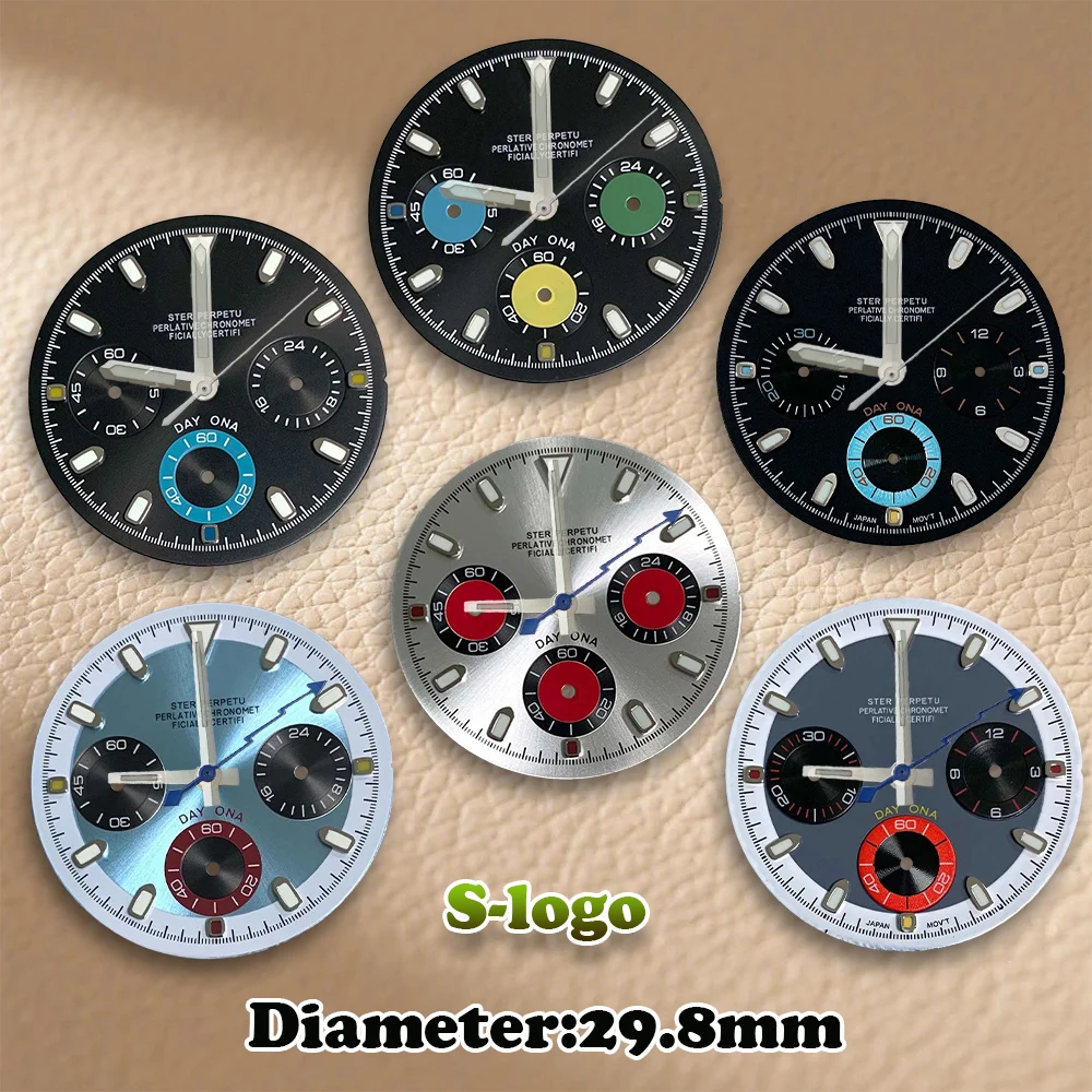 VK63 29,8 mm uurwerken S-Logo Panda Style Dial - Groene lichtgevende C3 herenhorloges Bekijk modificatie accessoires