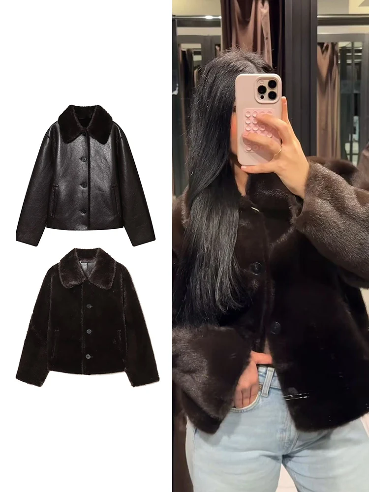معاطف من الجلد الصناعي قابلة للعكس للنساء، تصميم قصير بجيب صلب على الوجهين، سترة فضفاضة بأكمام طويلة للنساء للشتاء غير الرسمي #1