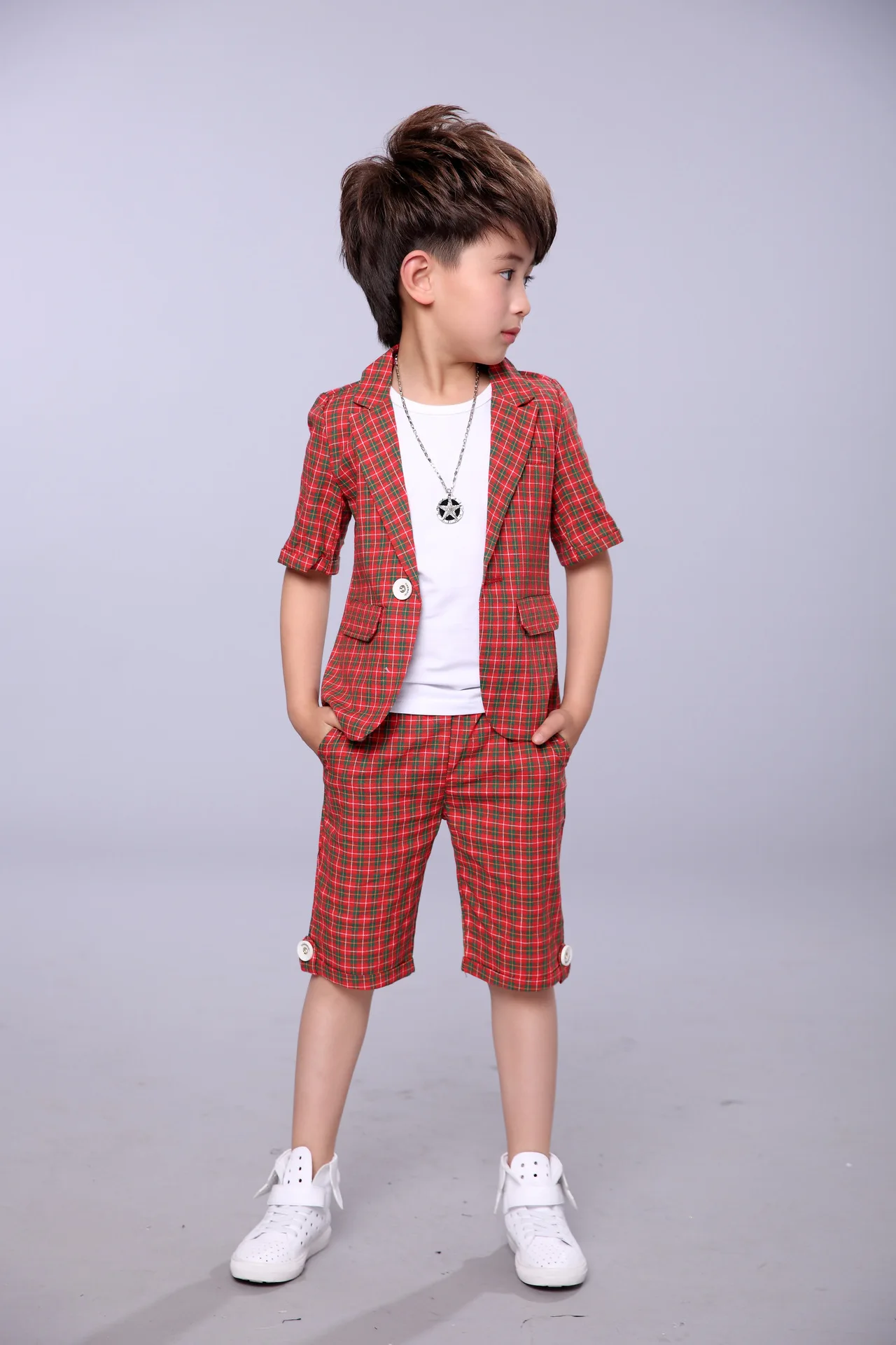 2022 Children Summer Formal Suit Boys Blazer+Shorts 2Pcs Photograph Set Kids Plaid Wedding Performance Dress Ceremony Costume