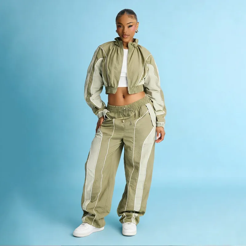 

Цветные лоскутные комплекты из 2 предметов, женские модные куртки на молнии с длинными рукавами, укороченный топ + свободные прямые брюки на шнурке, спортивный костюм