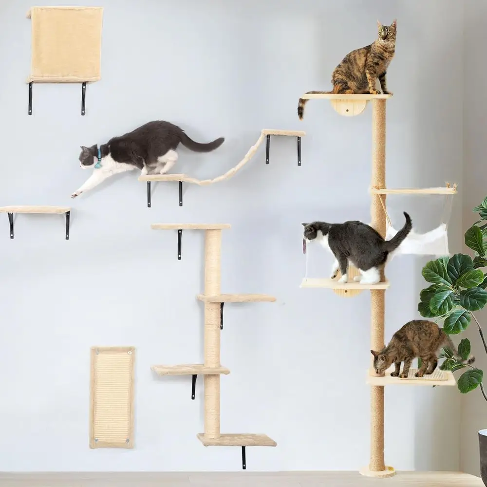 6-Piece Wall-Mounted Cat Climbing Set with Tree, Floating Shelves, and Scratching Posts - Indoor Activity Center