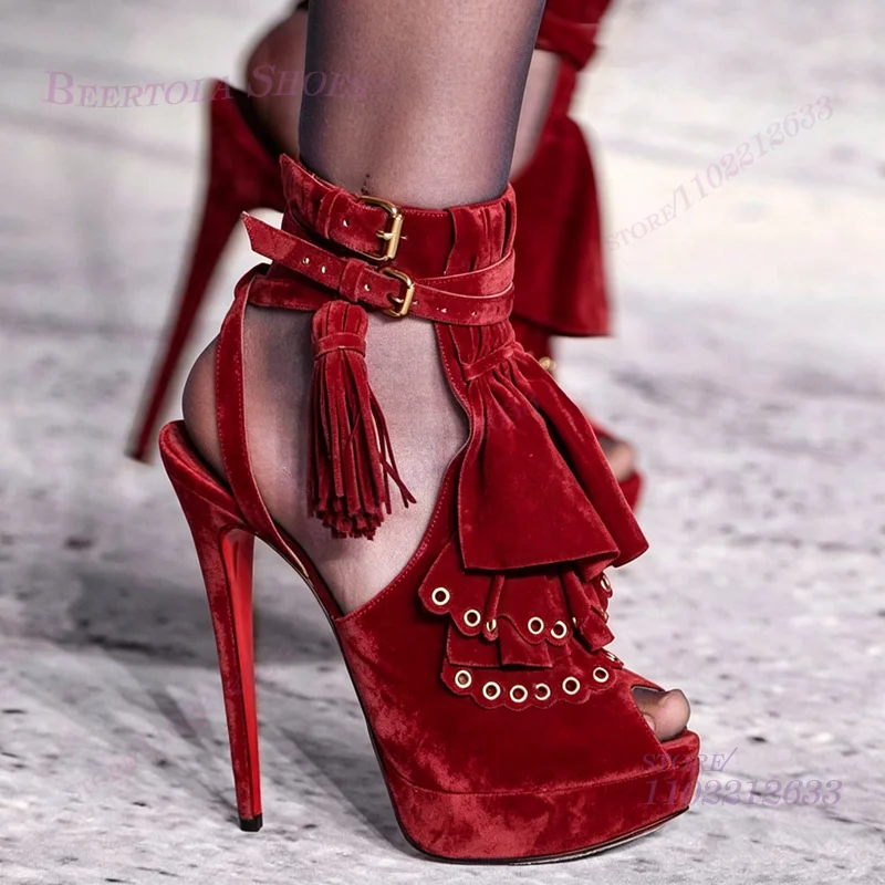 

Red Velvet Tassel Strappy Sandals Green Suede Platform Peep Toe Blue Women Black Open Heel Sexy Tassel Lace Up Girls Red Shoes