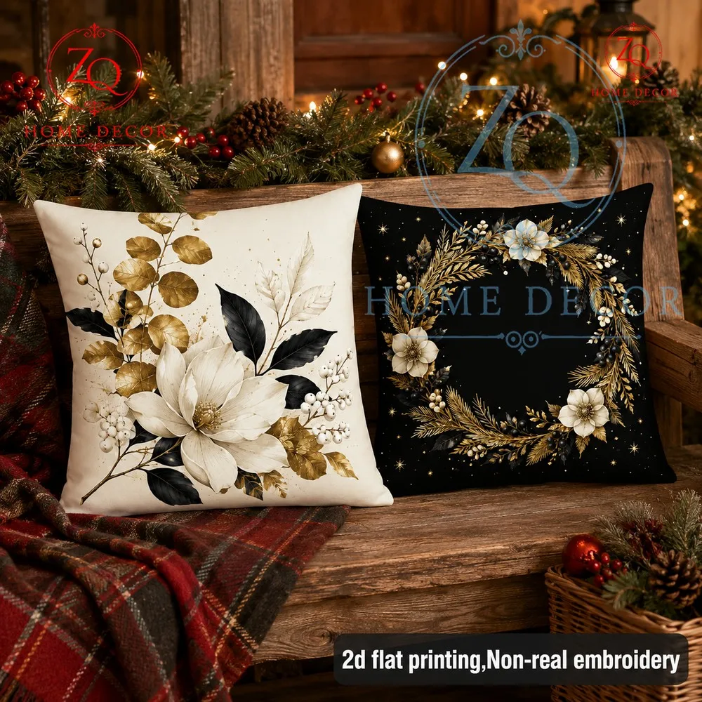 Luxury Christmasthemed pillowcases with black gold  white color blocking  floral design cree a festive mosphere