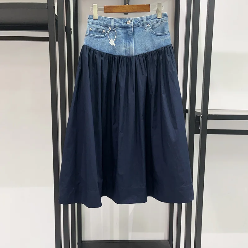 Niche 2026 Spring Summer Mid-Length Fluffy Fashion High Waist Denim Splice Cotton A-Line Skirt