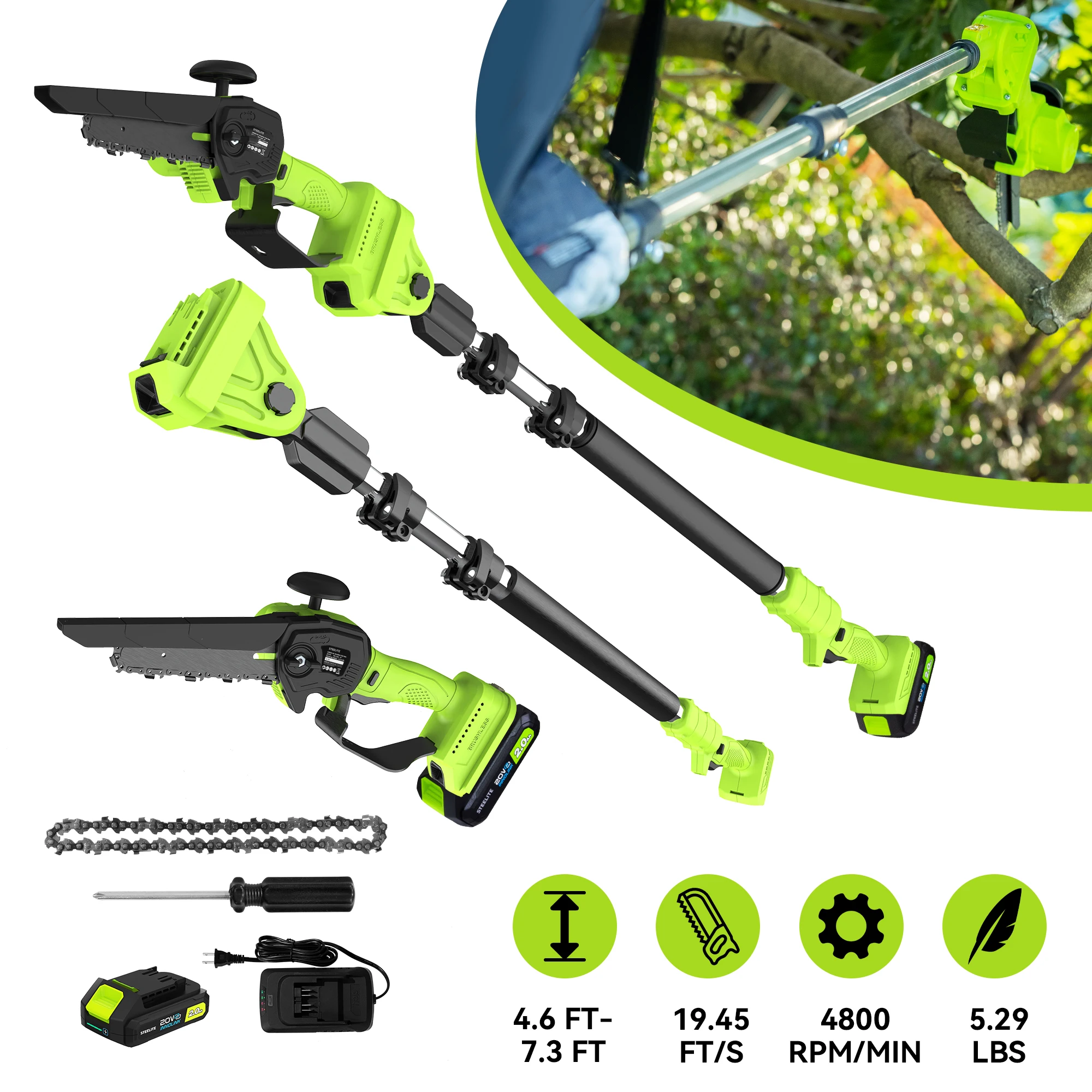 Deli 2-IN-1 Brushless Electric Pole Saw & Cordless Chainsaw,5.29 lbs Lightweight, 13 FT Max,21V 2.0Ah Battery & Charger