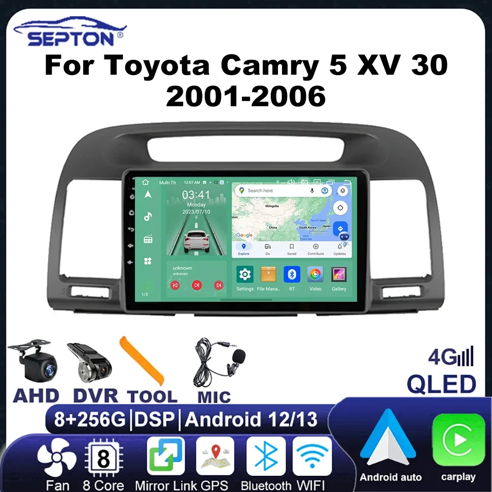 

Мультимедийный плеер SEPTON 2Din Android для Toyota Camry 5 XV 30 2001-2006, 8 ядер Qled, 4G, сетчатый автомобильный радиоприемник Carplay, навигация, GPS, 2din