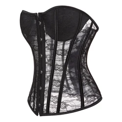 Sexy Overbust Corset With Bra Front Busk Waist Bustier Top Mesh Hollow Out Slimming Gorset