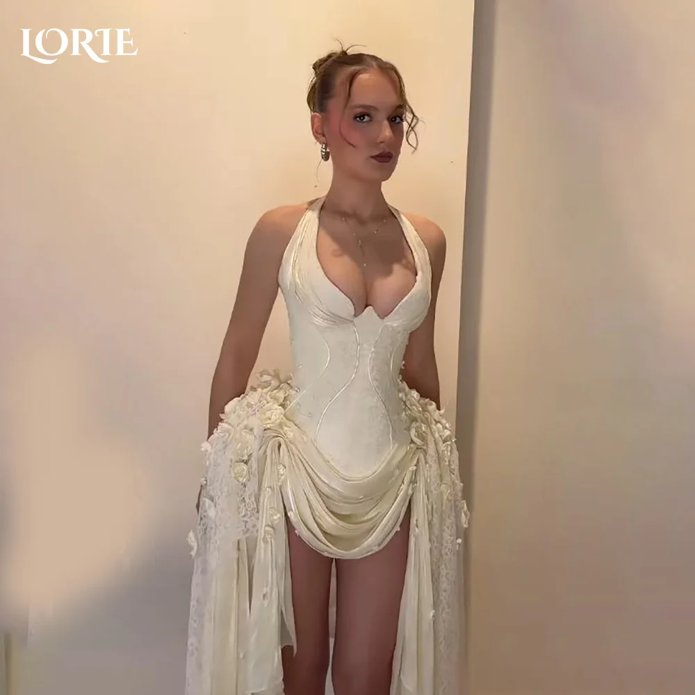 

LORIE Vintage Boho Short Mermaid Wedding Dress Halter Ruffle Lace Sexy Backless Mini Bridal Gown Princess Bride Gown Customized