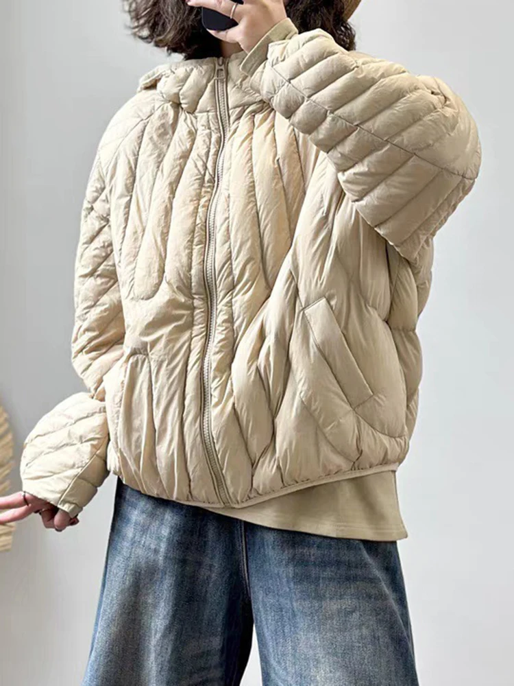 Khaki Pocket Thin Big Size Down Jacket New Hooded Long Sleeve Warm Women Parkas Fashion Tide Autumn Winter