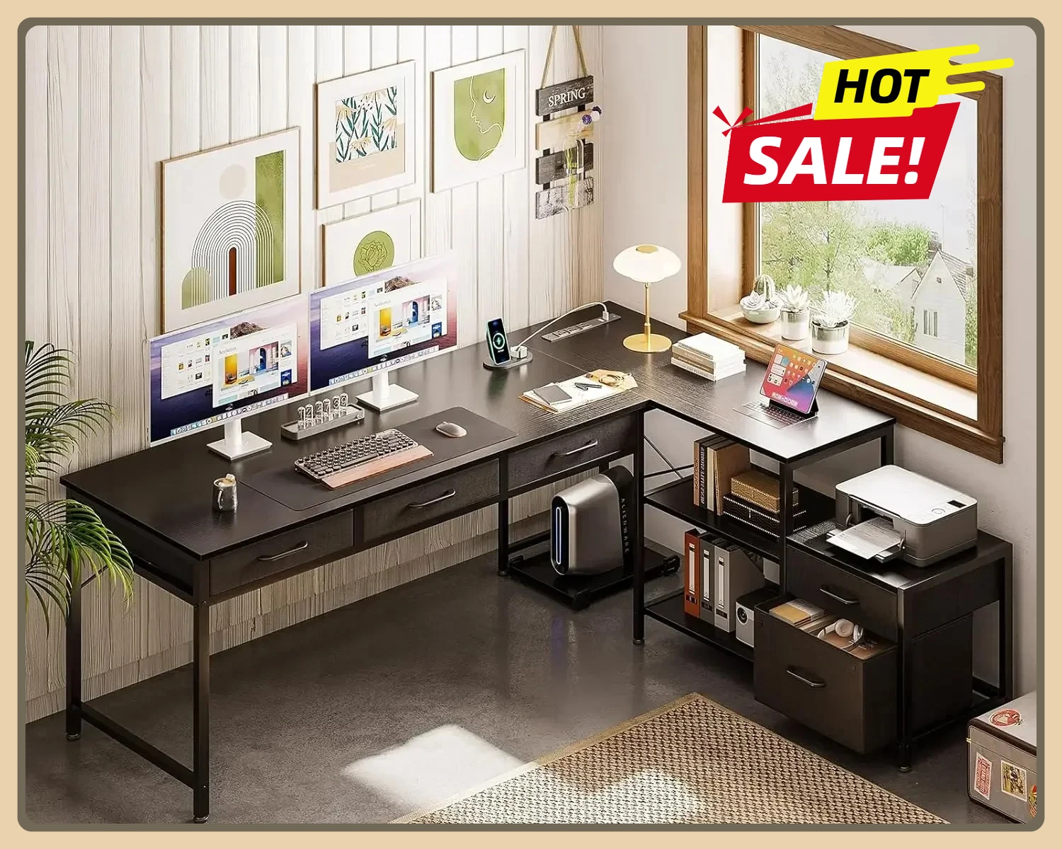 

61" Reversible L Shaped Computer Desk with Fabric Drawers and File Cabinet, Home Office Workstation Desk , Black