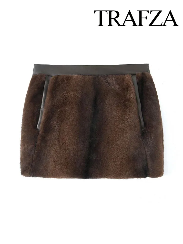 TRAFZA Women's Winter Fashion Vintage Warm Faux Fur Effect Skirt Female Commuting Versatile High Waist Pocket Zipper Short Skirt