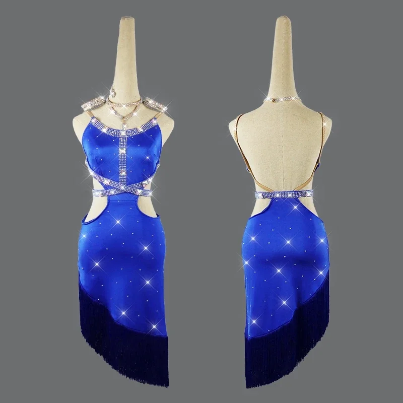 Sexy Latin Dance Dresses For Women Blue Fringe Shiny Rhinestone Backless Tango Salsa Ballroom Compete Latin Dance Costumes