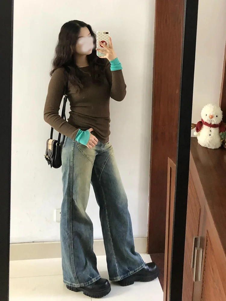 

Retro Color Block Long Sleeve Women's Knitted Sweater Slim Fit Inner Wear Base Layer Top Korean Style Commute Fashion