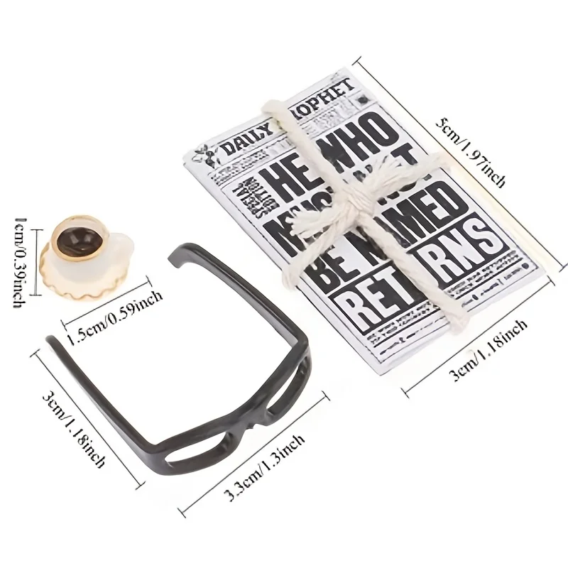 3pcs Miniature Newspaper, Glasses, and Coffee Cup Set |For Multiple Scene Setup Props Dollhouse Decoration Dollhouse Enthusiasts