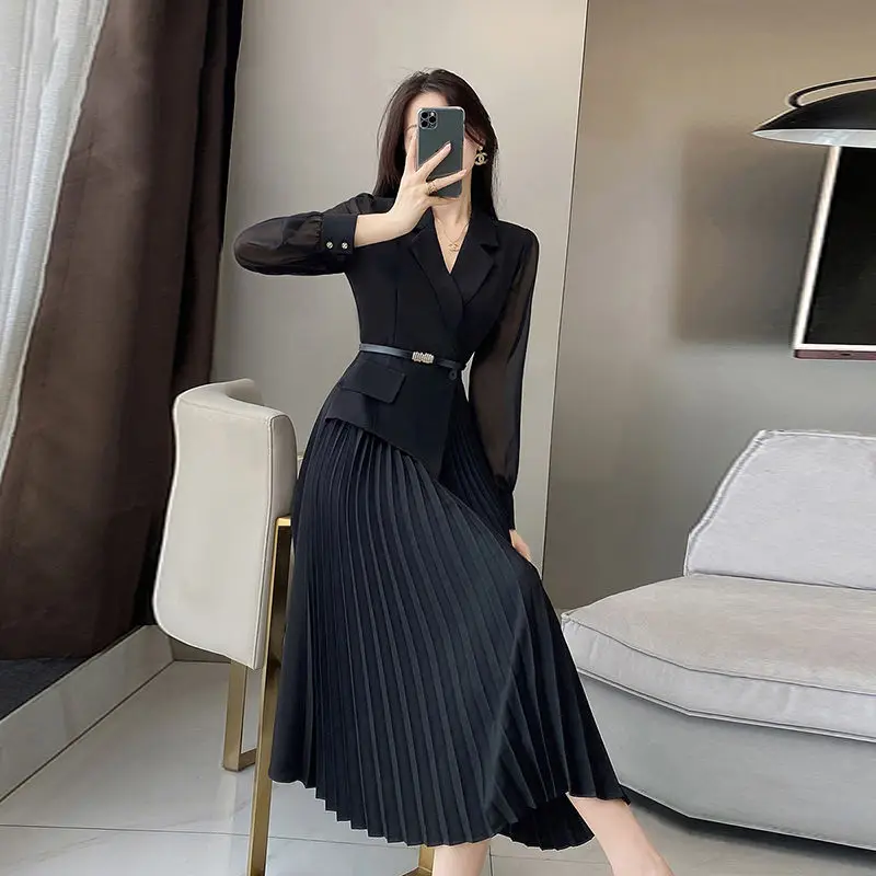 Women\'s Korean Fashion Blazer Patchwork Design Long Sleeve Dresses Office Lady Elegant High Waist Black Slim Pleated Midi Dress