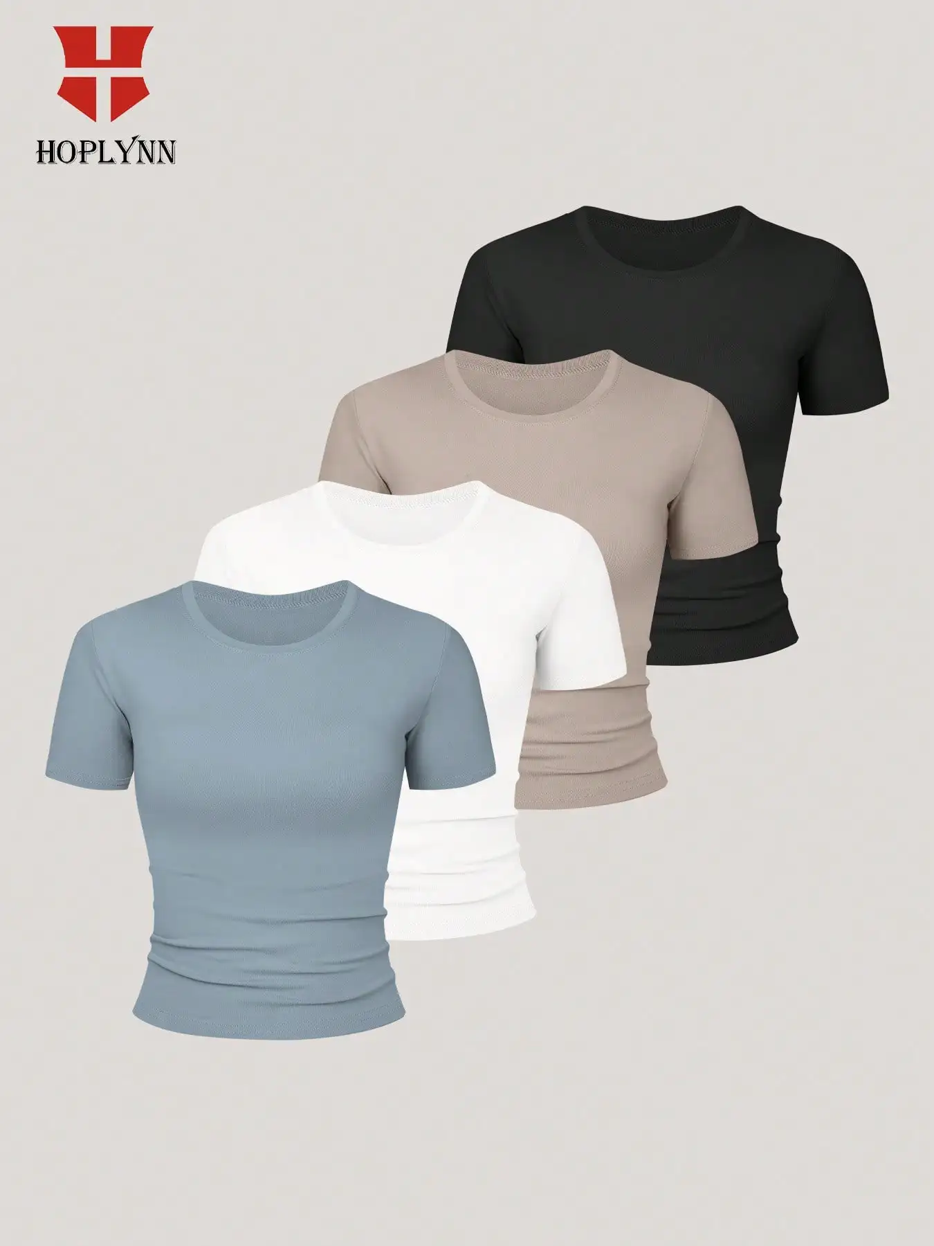 

Комплект из 4 женских укороченных футболок с коротким рукавом, облегающего кроя, с круглым вырезом, однотонных, повседневных