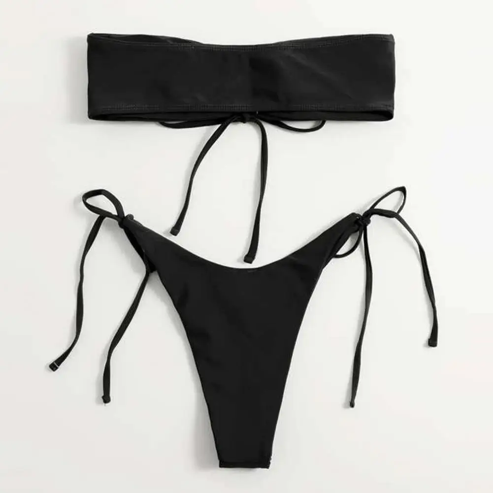 Strap Decorated Bikini Set Stylish Women's Bikini Set with Bandeau Top High Waist Briefs Lace-up Detail Sexy Swimwear for Beach