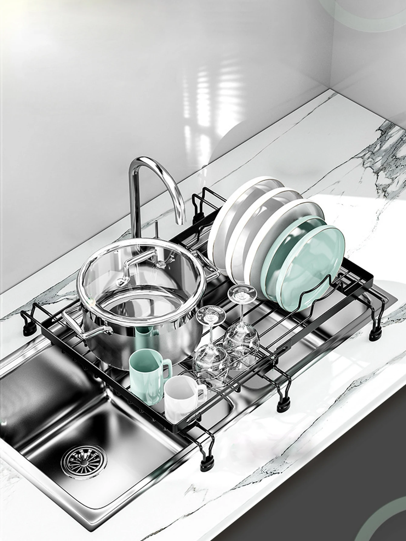Expandable Iron Over‑the‑Sink Dish Drying Rack, Adjustable Kitchen Storage Organizer for Bowls Plates Cups Counter Drain Holder
