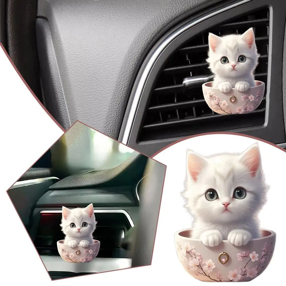 Car Cute Teacup Cat Aromatherapy Air Outlet Clamp Perfume Auto Ornament Solid Fragrance Tablet Car Decoration Random Fragrance