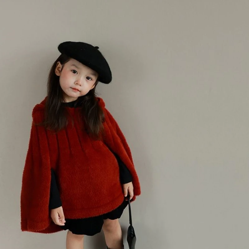 Girls Woolen Coat Jacket Cotton Cloak Windbreak 2023 Hooded Warm Plus Thicken Velvet Winter Autumn Party Children\'s Clothing