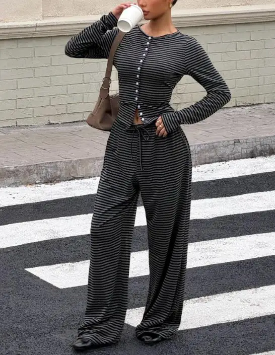 

Two Piece Set Women Outfit 2026 Spring Autumn New Striped Round Neck Long Sleeve Top & High Waist Casual Wide Leg Pants Set