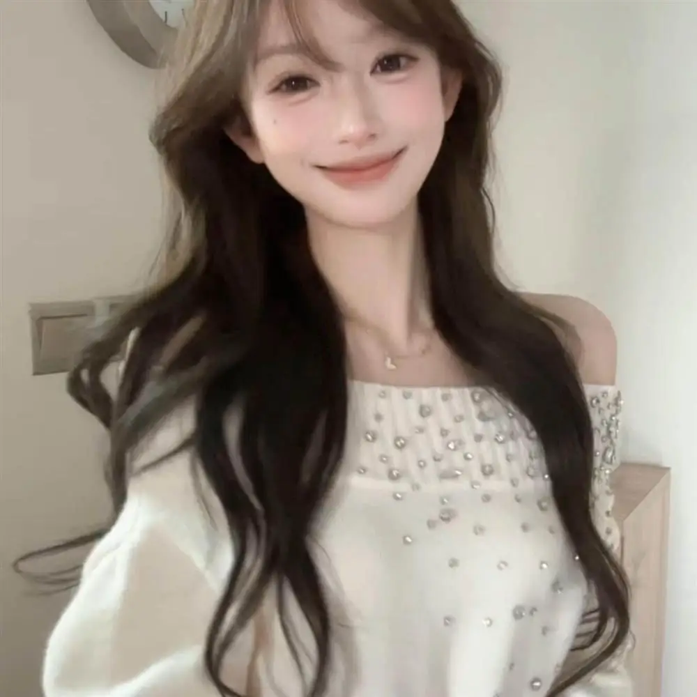 Heavy Embellished Knitted Sweater Women's Fashion Shoulder Design Autumn Winter Loose Fit Slimming Top French Style Long Sleeve